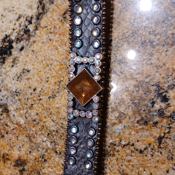 Buckle Bling Rhinestone Rose Gold Hardware Brown Snakeprint Leather Belt NEW - Picture 6 of 11